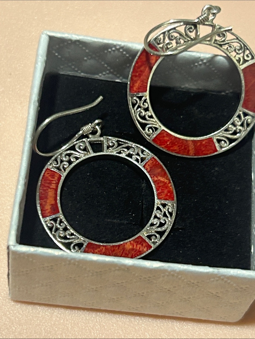 Source Unknown Red and Silver Circular Filigree Drop Earrings - Women Jewelry